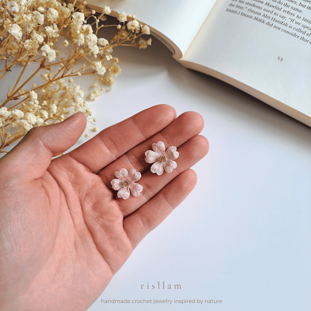 Handmade Crochet Cherry Blossom Stud Earrings