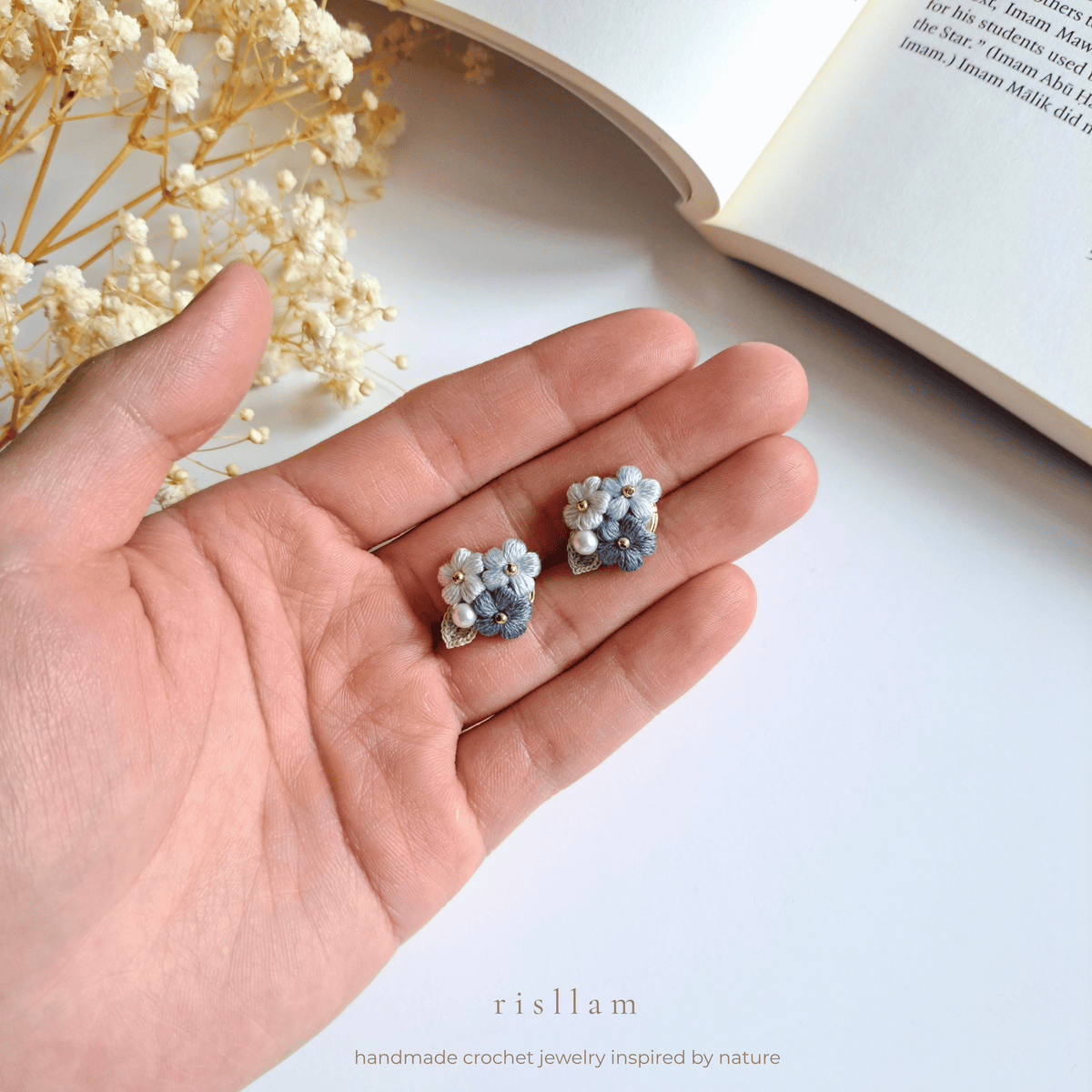Blue Crochet Flower Stud Earrings, Handmade Floral Earrings