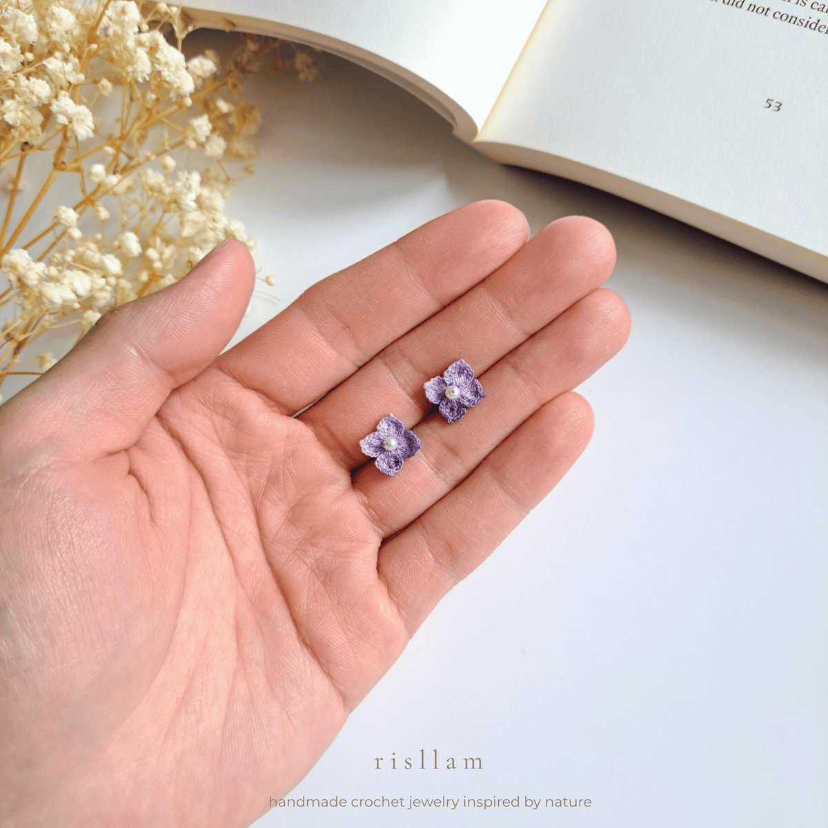 Mini Hydrangea Crochet Stud Earrings, Purple Floral Jewelry
