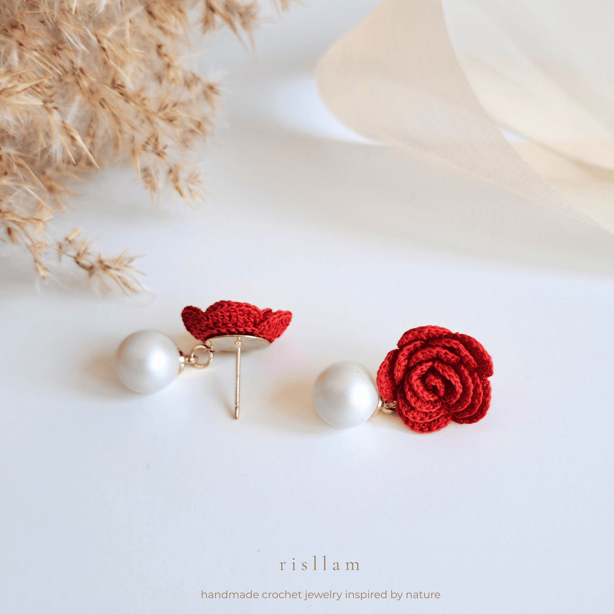Red Crochet Rose Pearl Earrings, Handmade Floral Studs