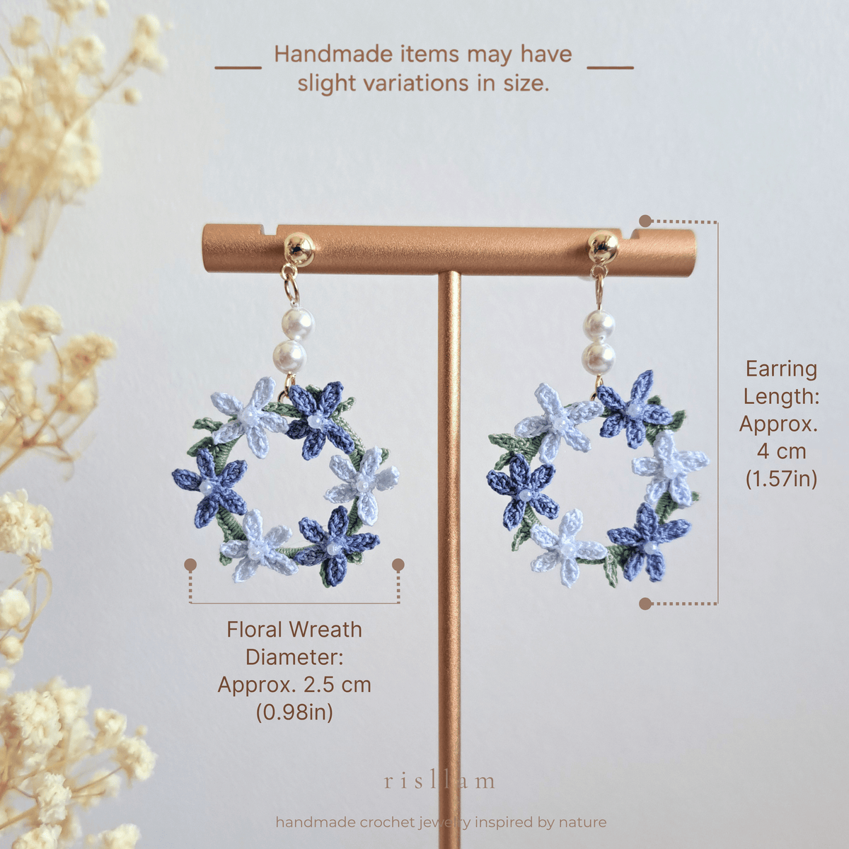 Micro Crochet Flower Wreath Earrings, Hand Dyed Purple Floral Hoop Earrings, 14k Gold Plated 925 Silver, Miniature Lace Jewelry Gift for Her