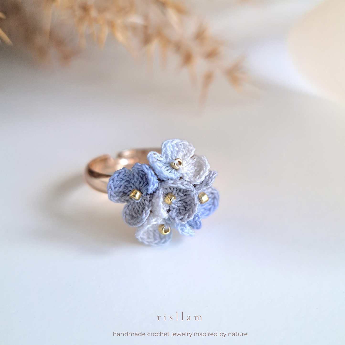 Handmade Micro Crochet Blue Blossom Ring
