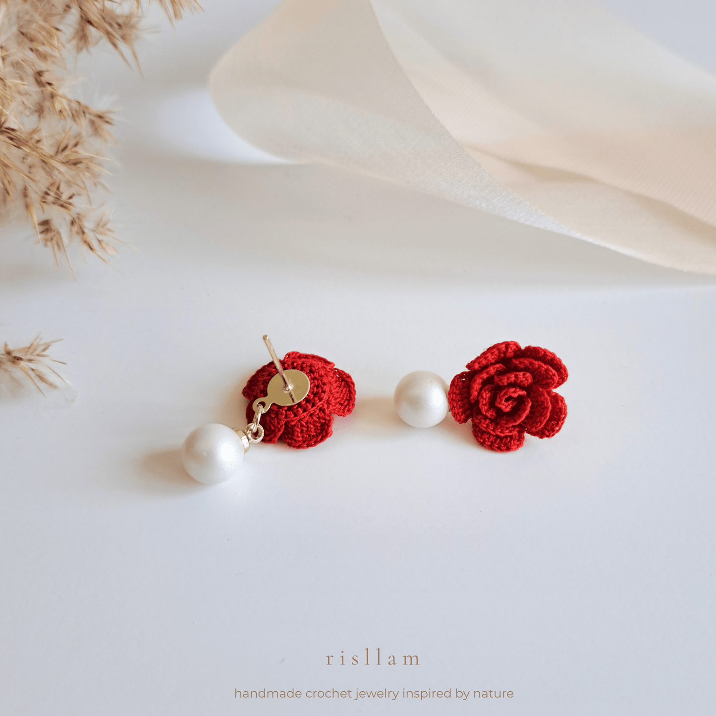 Handmade Crochet Rose & Pearl Earrings