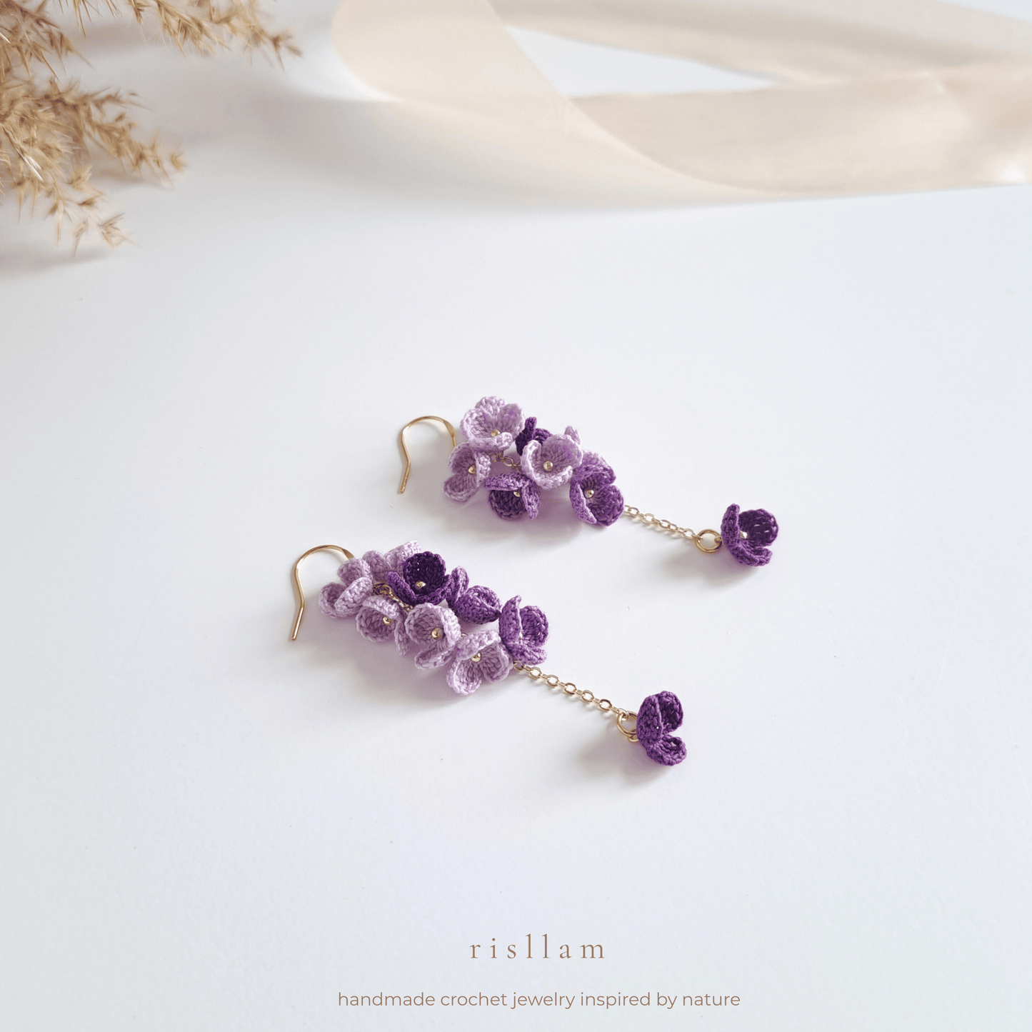Micro Crochet Purple Blossom Dangle Earings
