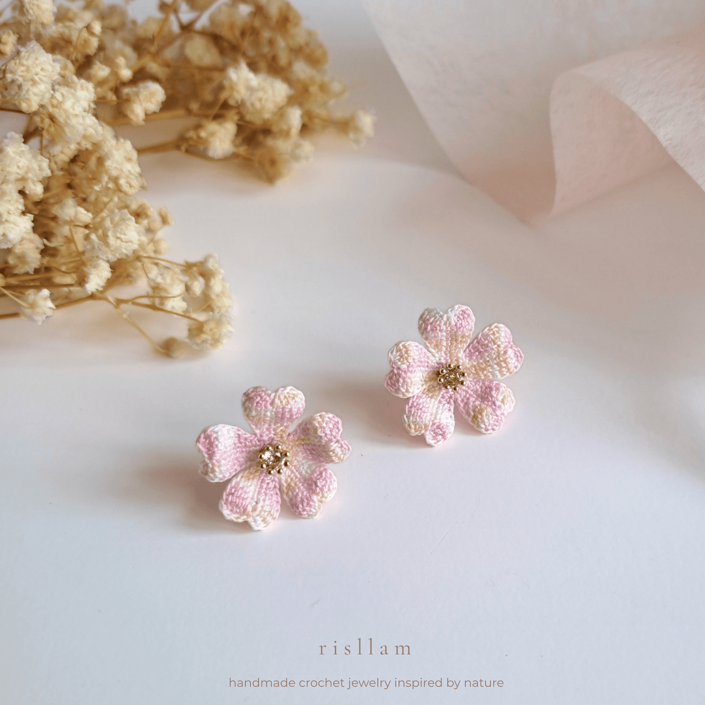 Handmade Crochet Cherry Blossom Stud Earrings