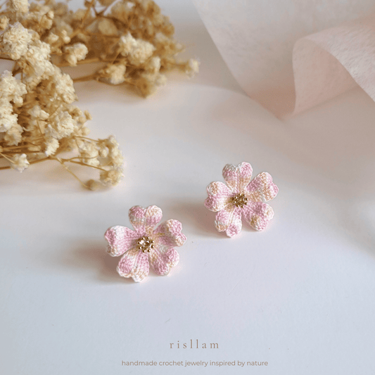 Handmade Crochet Cherry Blossom Stud Earrings