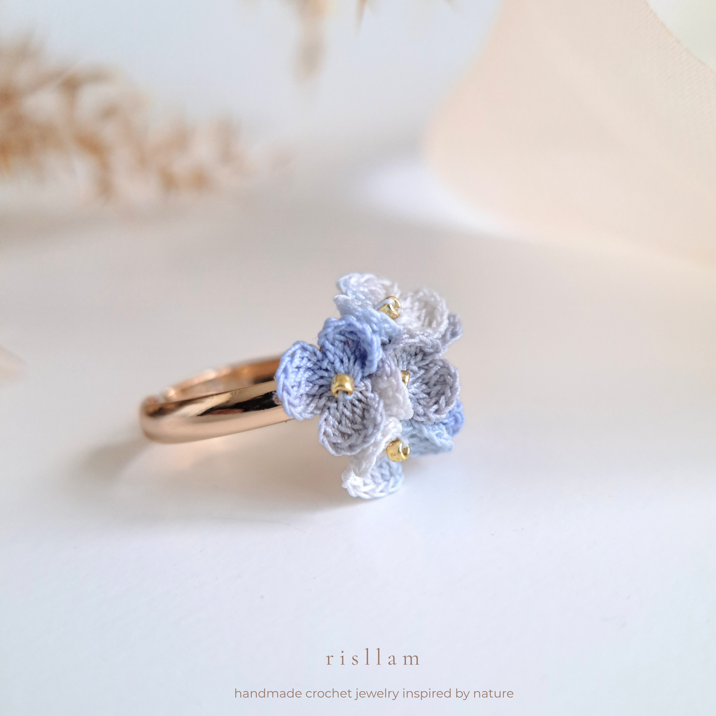 Handmade Micro Crochet Blue Blossom Ring
