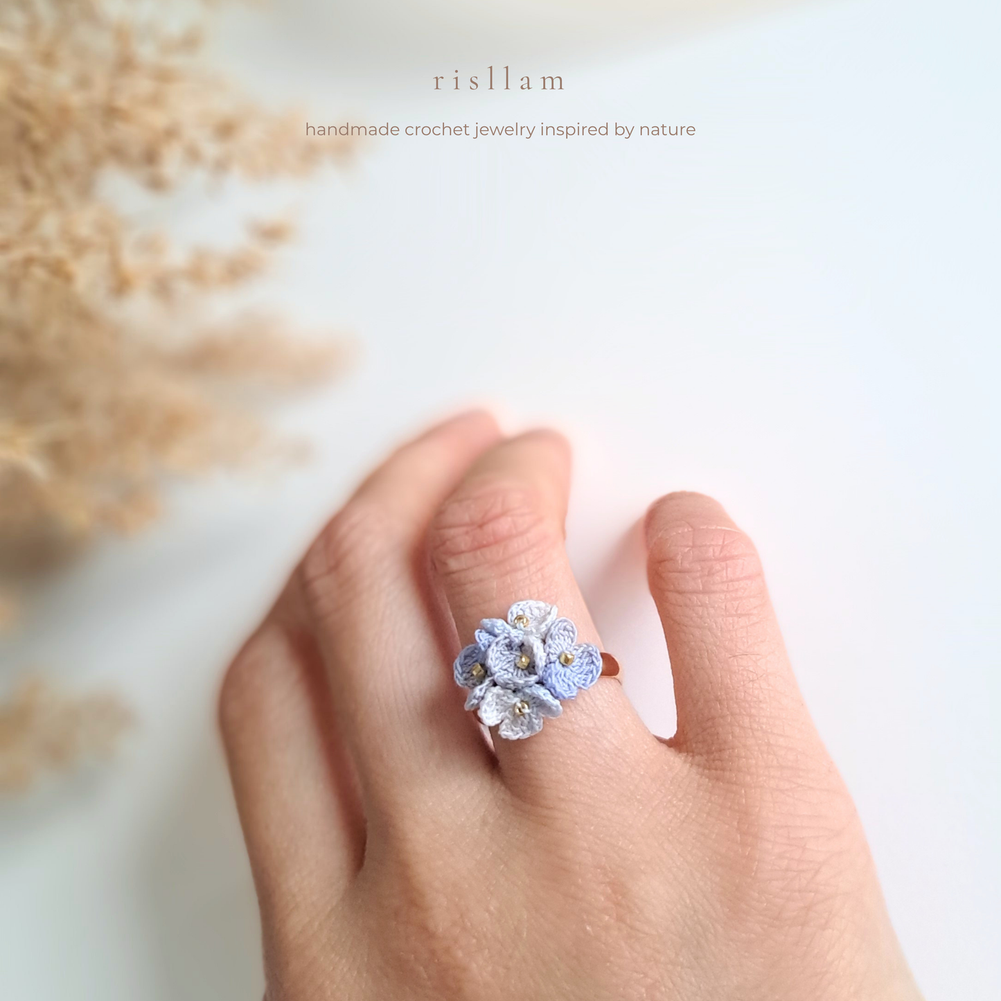 Handmade Micro Crochet Blue Blossom Ring