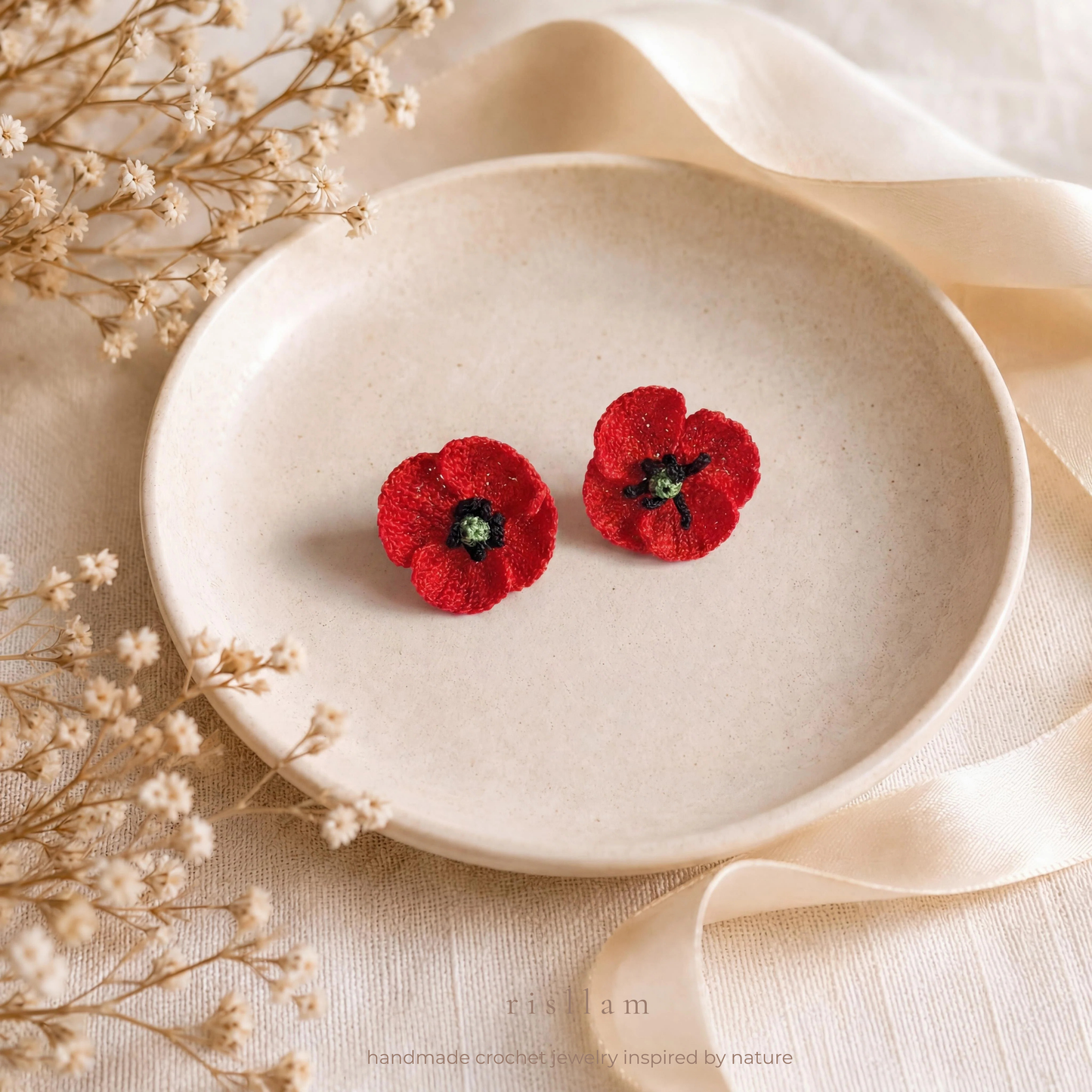 Handmade Crochet Poppy Stud Earrings