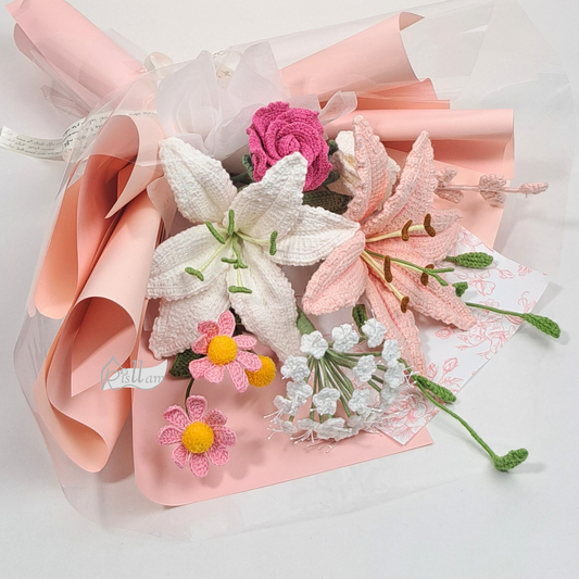 Crochet Lily, Rose & Daisy Bouquet - Pink Paper Wrapped Gift