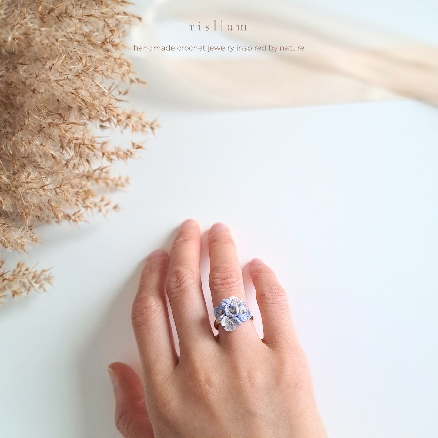 Handmade Micro Crochet Blue Blossom Ring