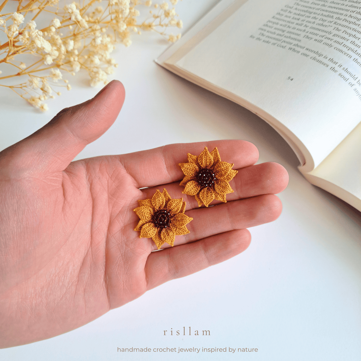 Handmade Crochet sunflower stud earrings