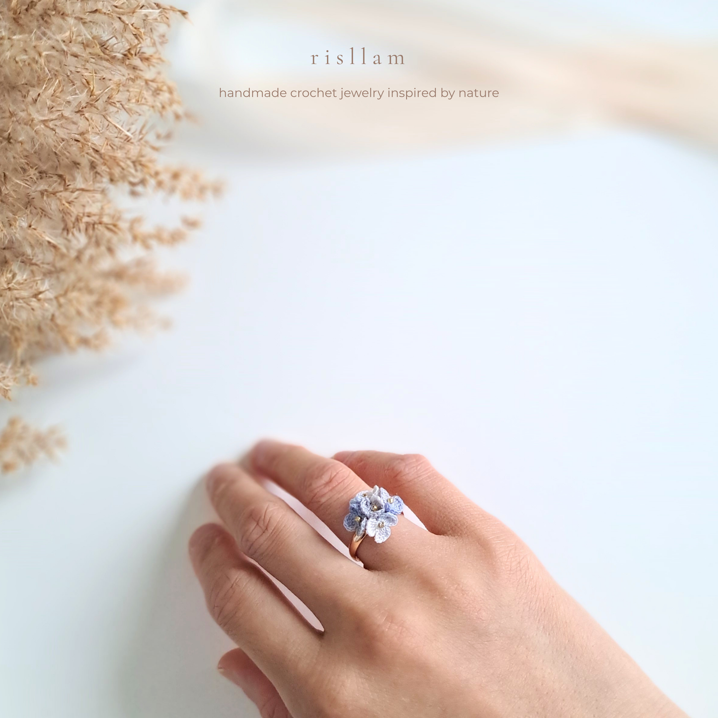 Handmade Micro Crochet Blue Blossom Ring