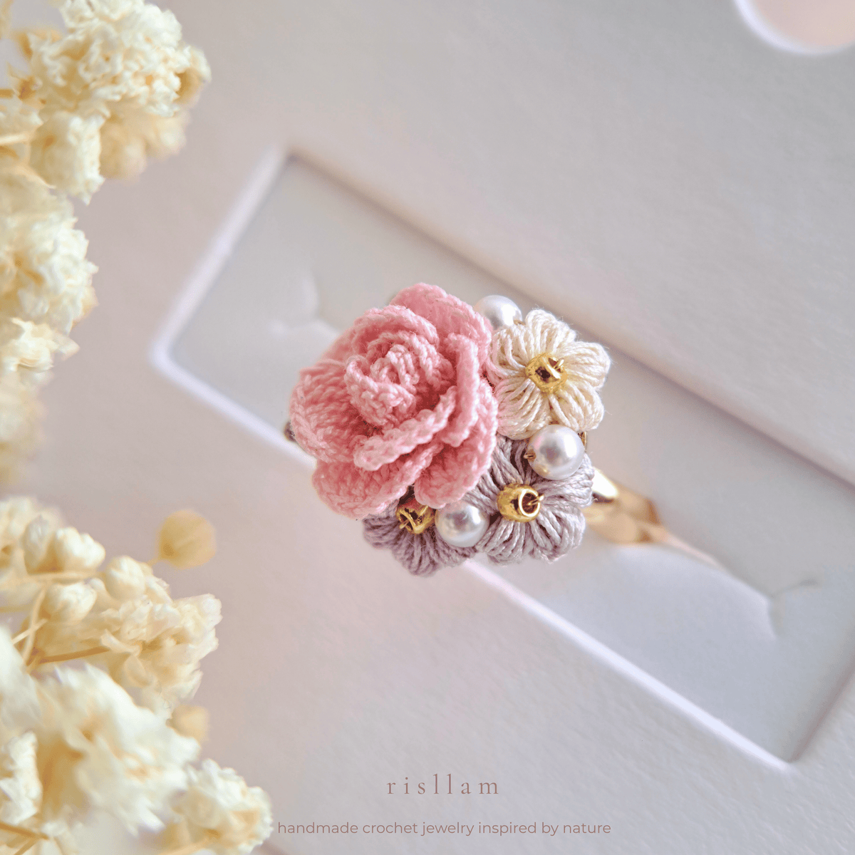Crochet Rose Ring, Purple & Pink Flower, Handmade Adjustable Floral Jewelry