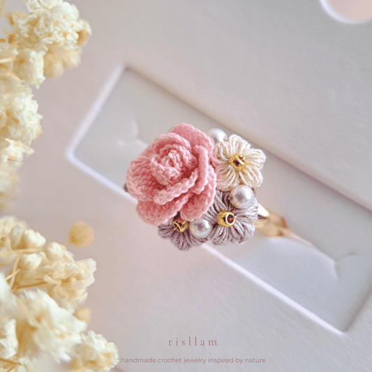 Crochet Rose Ring, Purple & Pink Flower, Handmade Adjustable Floral Jewelry
