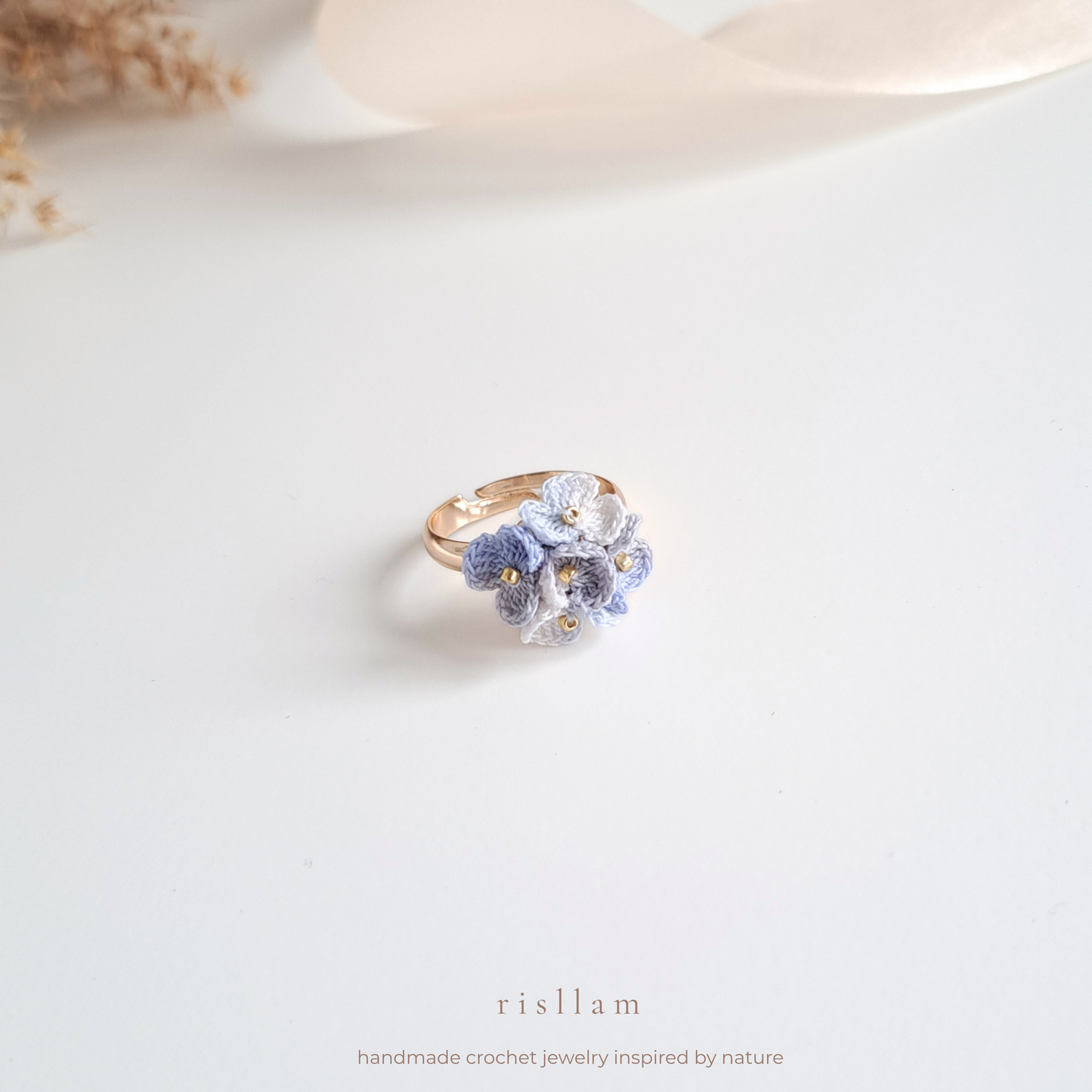 Handmade Micro Crochet Blue Blossom Ring
