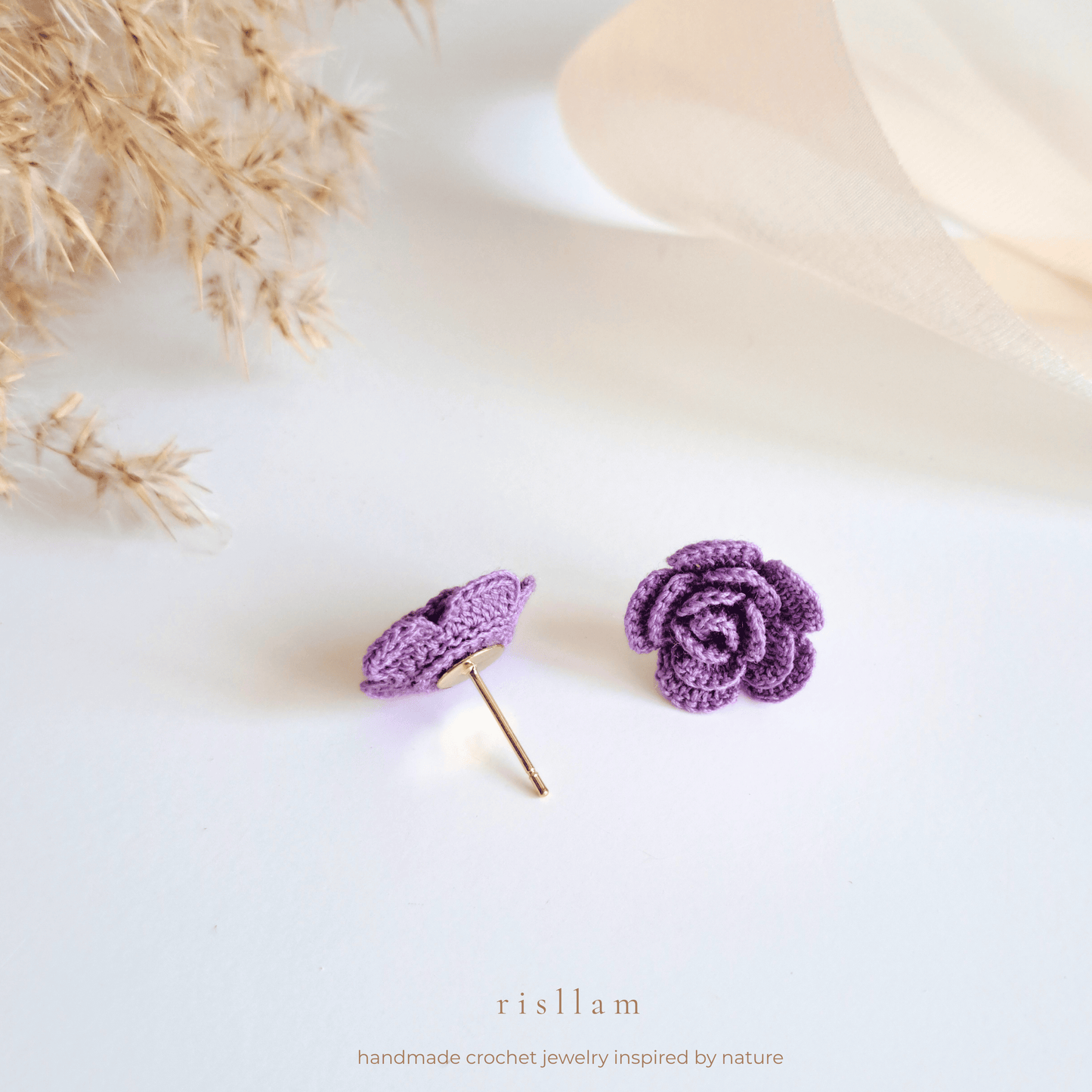 Handmade Crochet Rose Stud Earings -Red, Pink and Purple