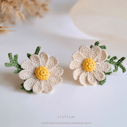Daisy Stud Earrings, Micro Crochet Flower, Handmade Floral Jewelry