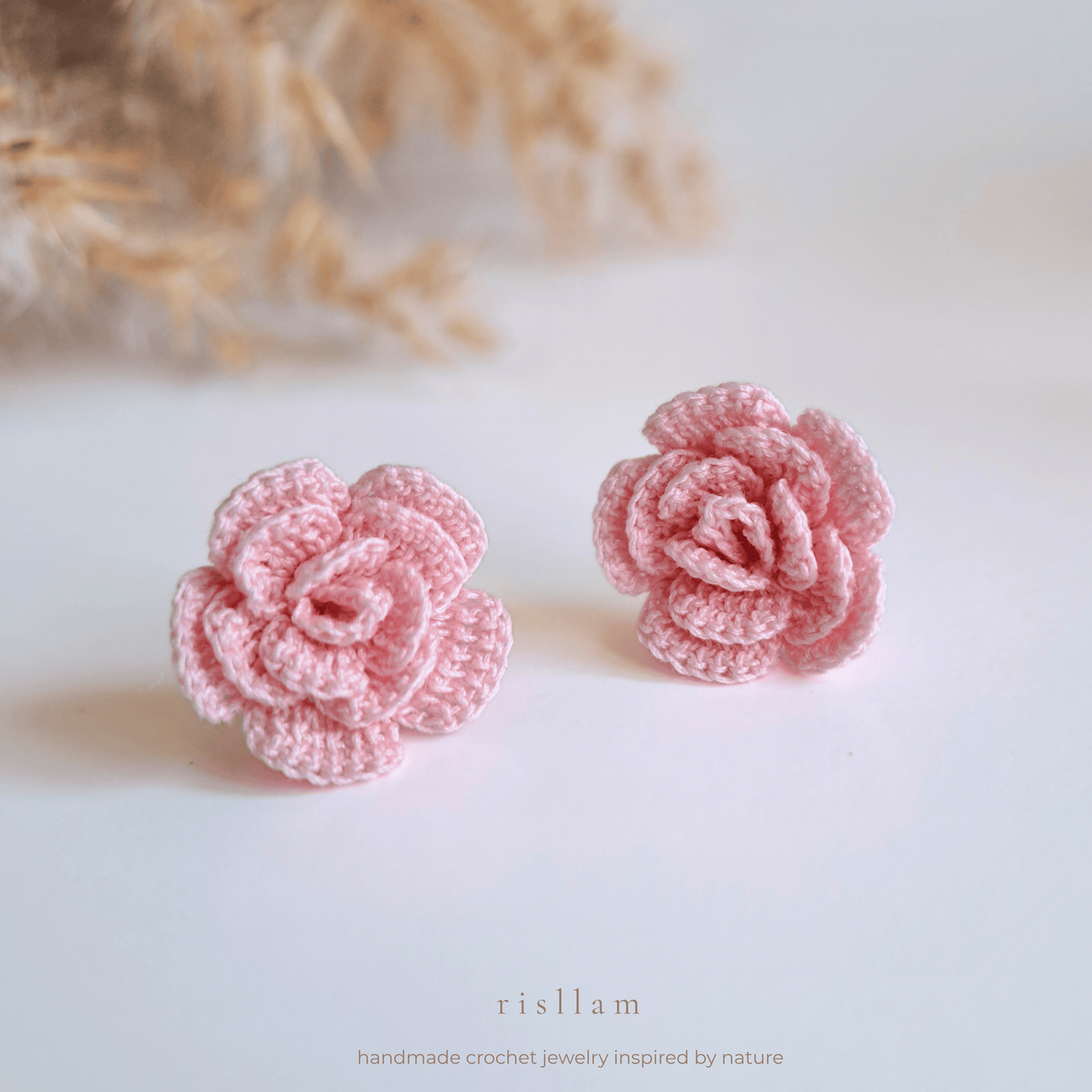 Handmade Crochet Rose Stud Earings -Red, Pink and Purple