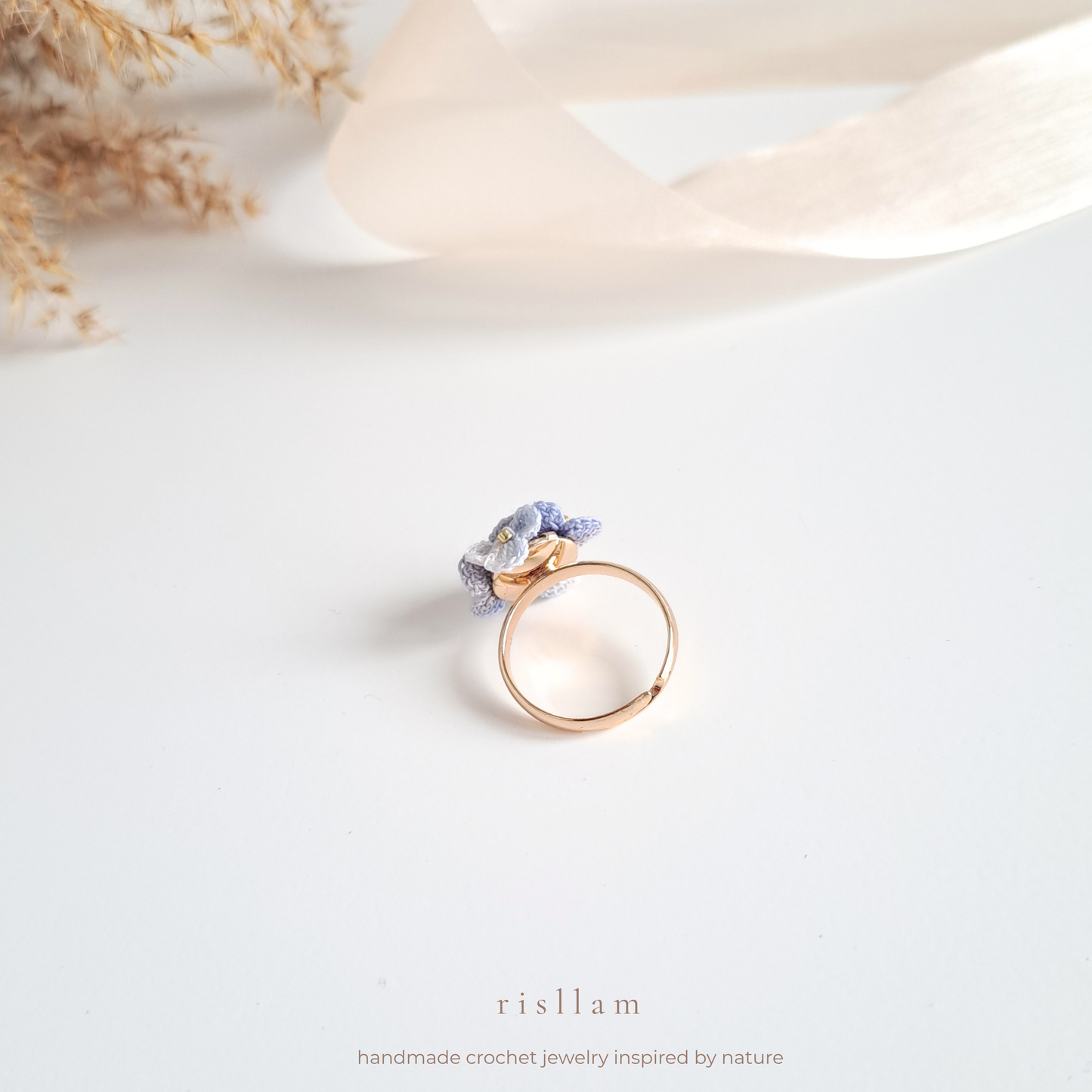 Handmade Micro Crochet Blue Blossom Ring