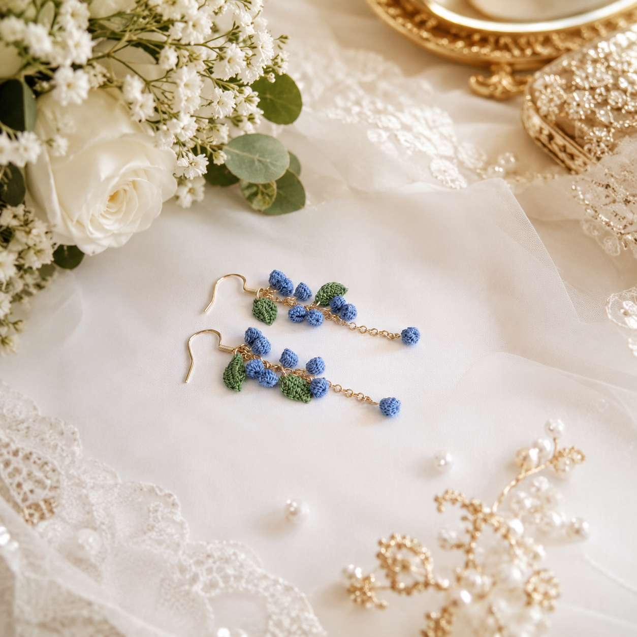 Handmade Crochet Mimosa Flower Dangle Earings