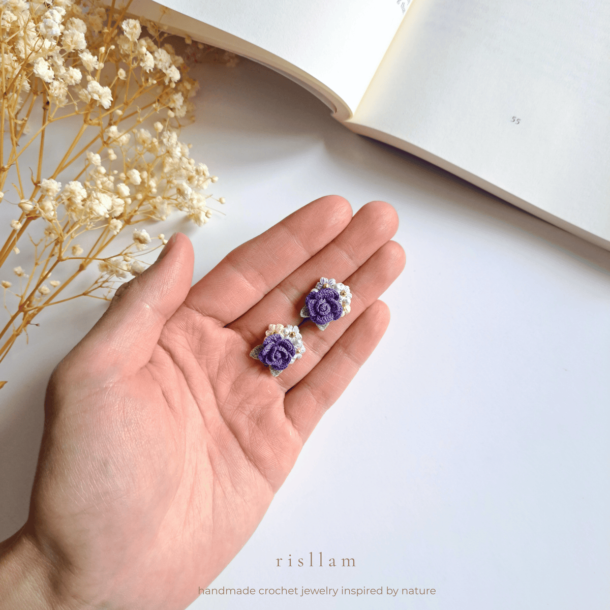Purple Crochet Rose Stud Earrings, Handmade Floral Jewelry