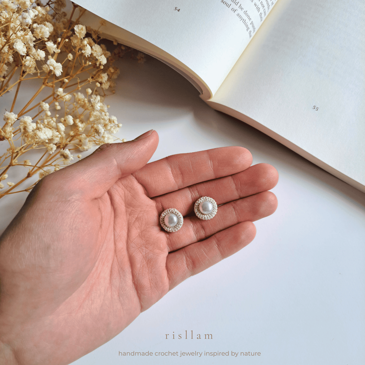 Crochet Pearl Stud Earrings, Natural Pearl Handmade Earrings, Minimalist Jewelry