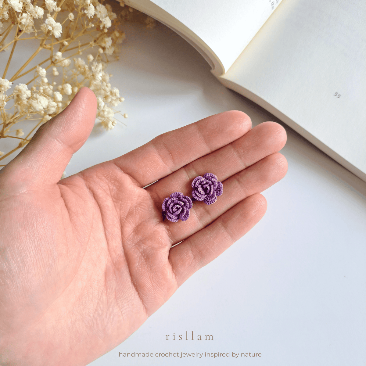 Crochet Rose Stud Earrings, Handmade Floral Earrings in Red, Pink or Purple