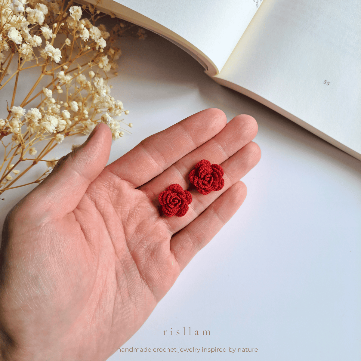 Crochet Rose Stud Earrings, Red Flower Earrings, Handmade Floral Jewelry