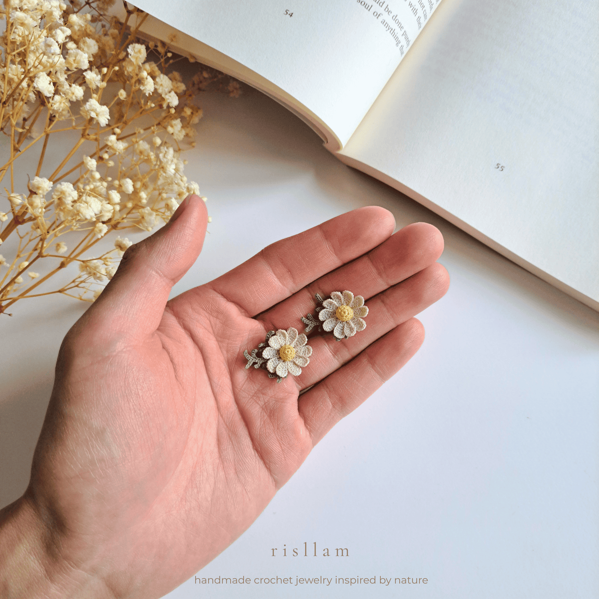 Daisy Stud Earrings, Micro Crochet Flower, Handmade Floral Jewelry
