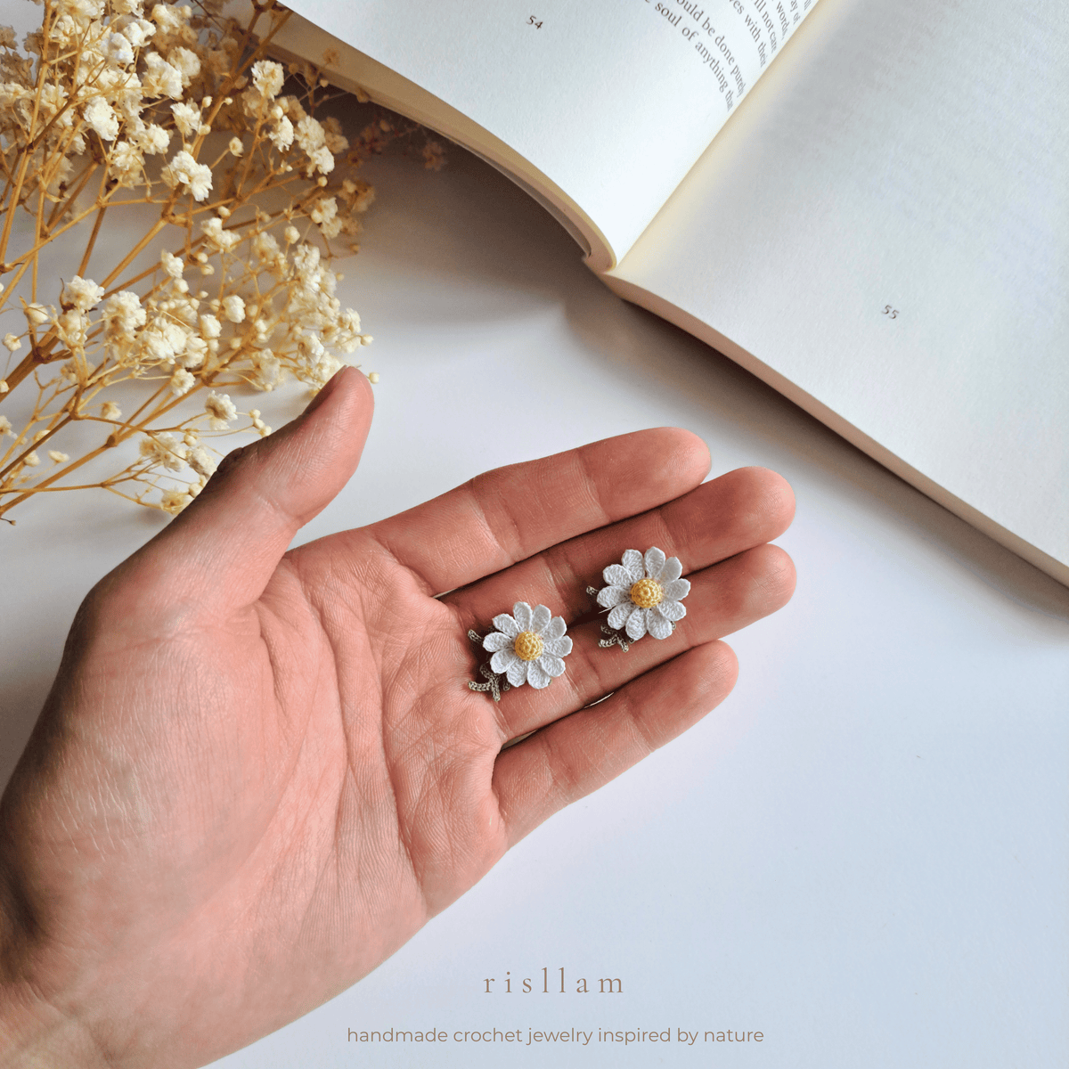 Daisy Stud Earrings, Micro Crochet Flower, Handmade Floral Jewelry