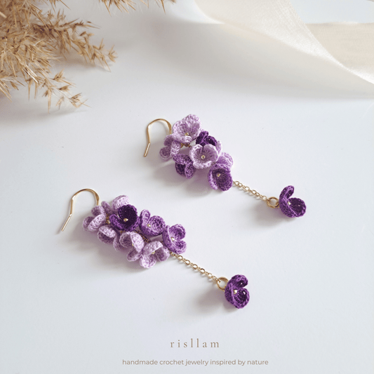 Micro Crochet Purple Blossom Dangle Earings
