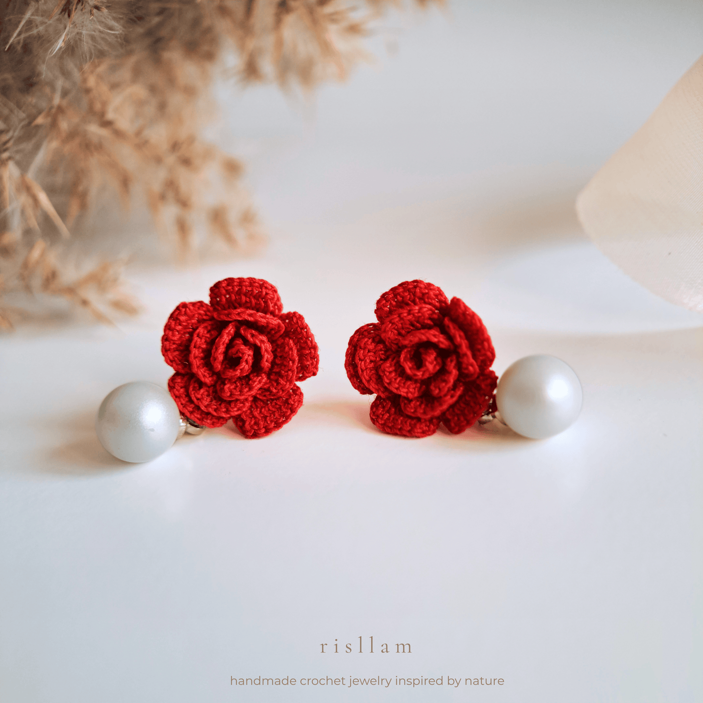 Handmade Crochet Rose & Pearl Earrings