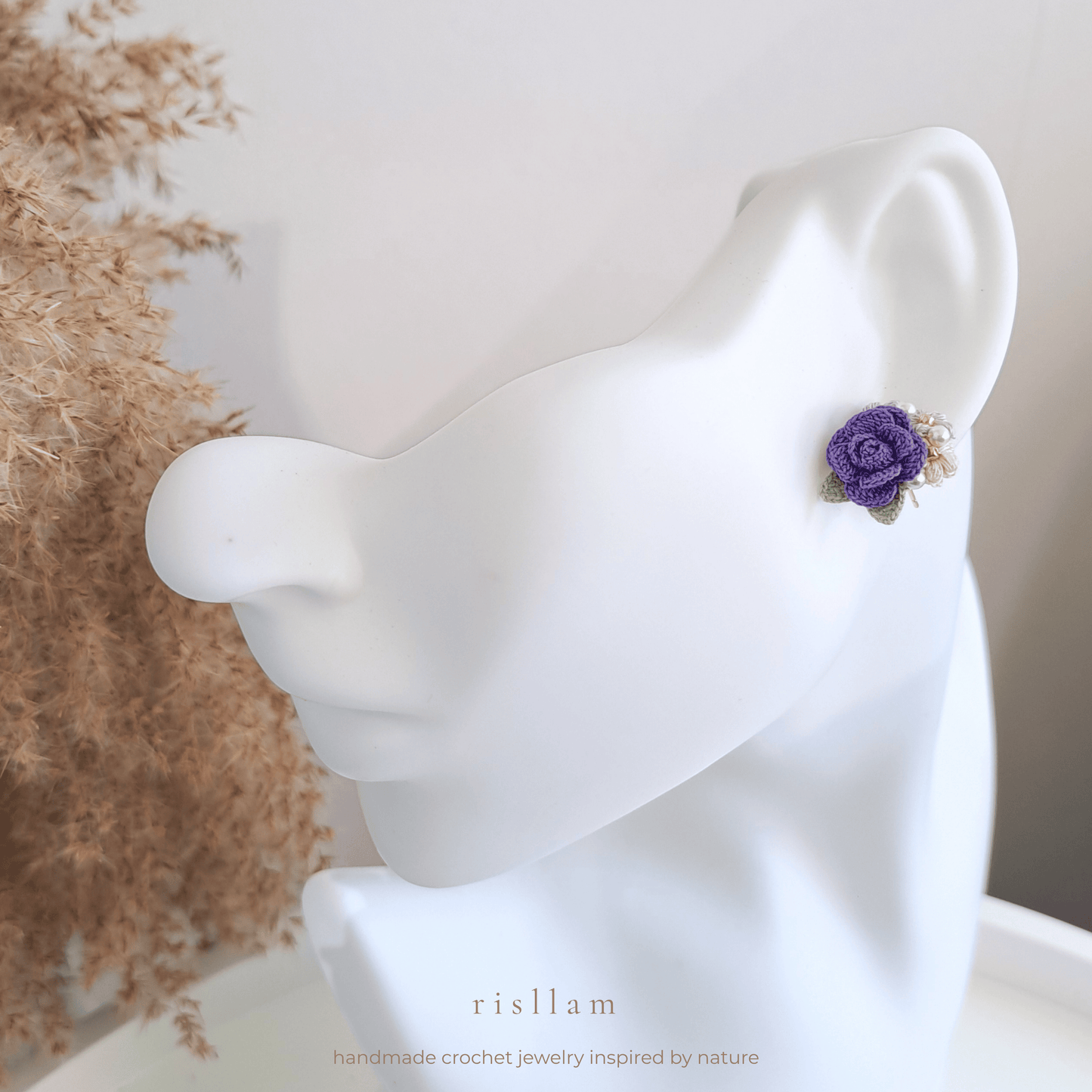 Handmade Crochet Rose & Puff Stud Earings