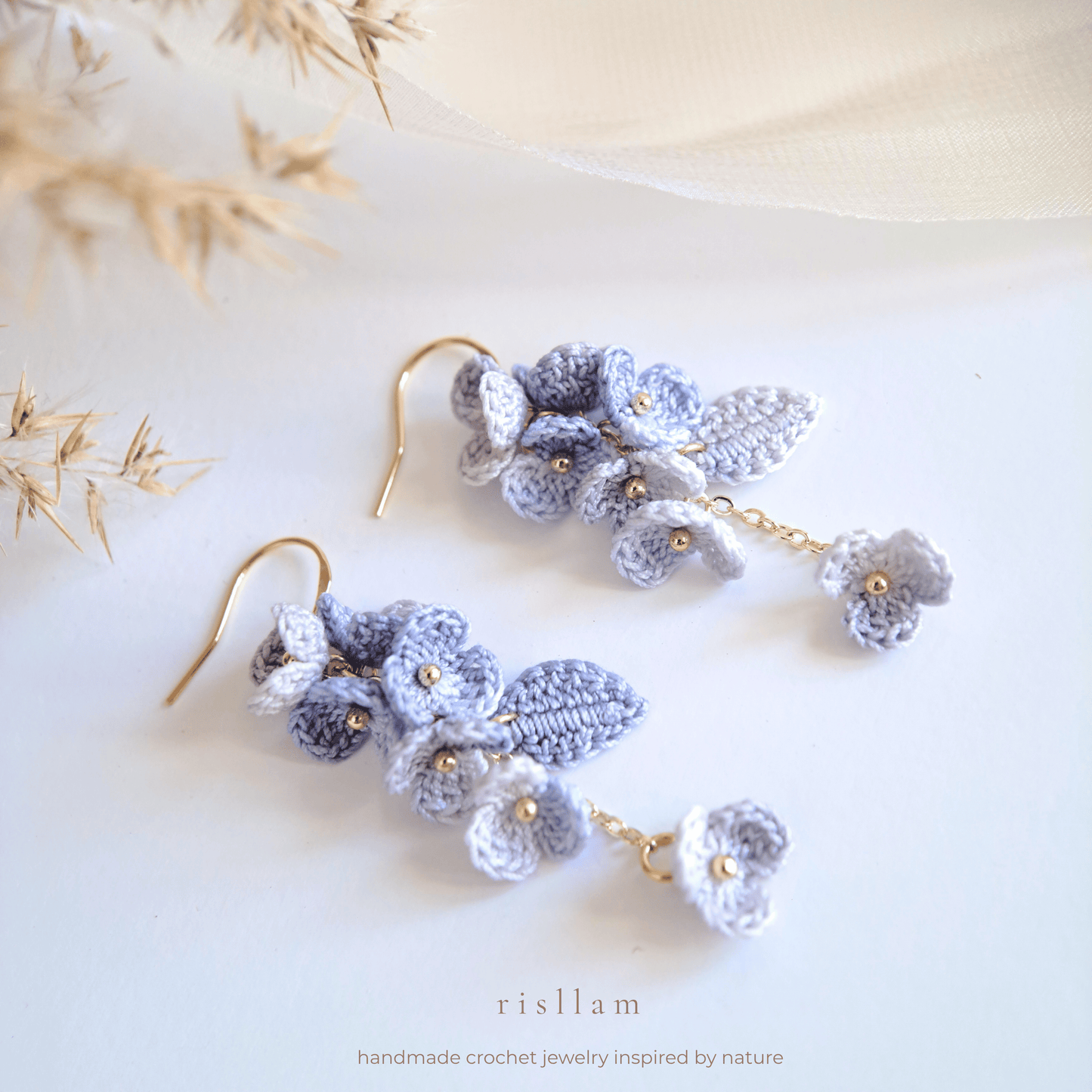 Micro Crochet Blue Blossom Dangle Earings