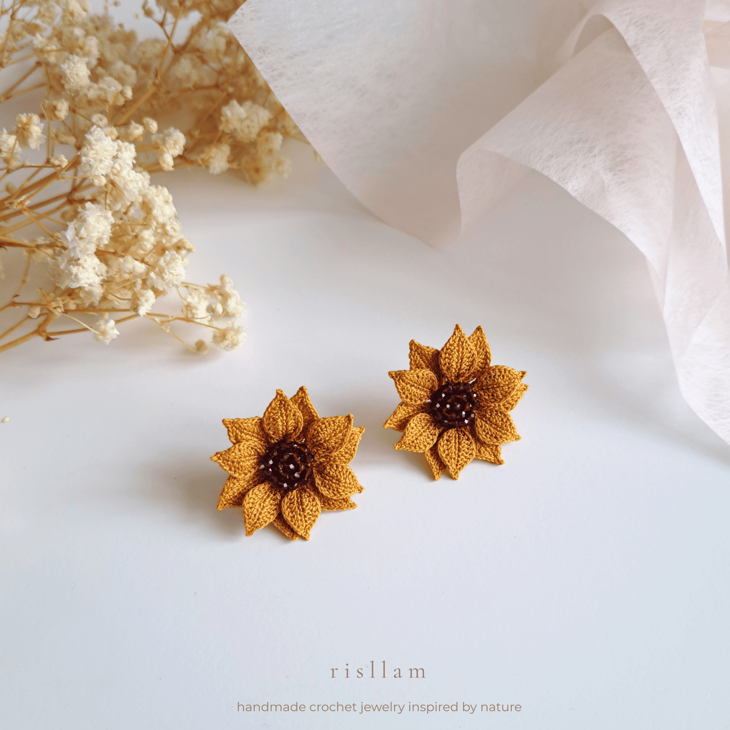 Handmade Crochet sunflower stud earrings