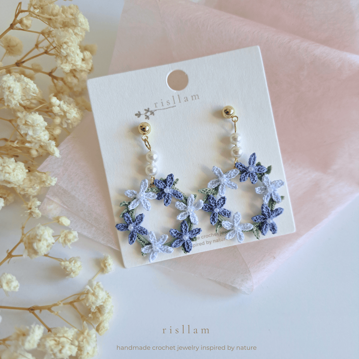 Micro Crochet Flower Wreath Earrings, Hand Dyed Purple Floral Hoop Earrings, 14k Gold Plated 925 Silver, Miniature Lace Jewelry Gift for Her
