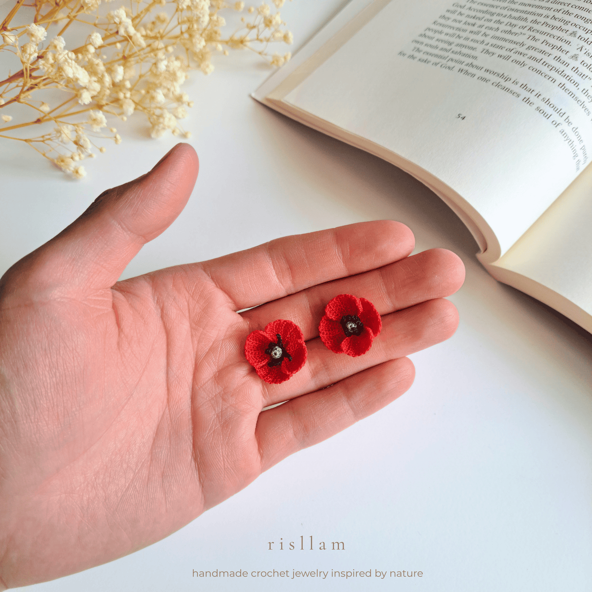 Crochet Poppy Stud Earrings, Handmade Red Flower Earrings