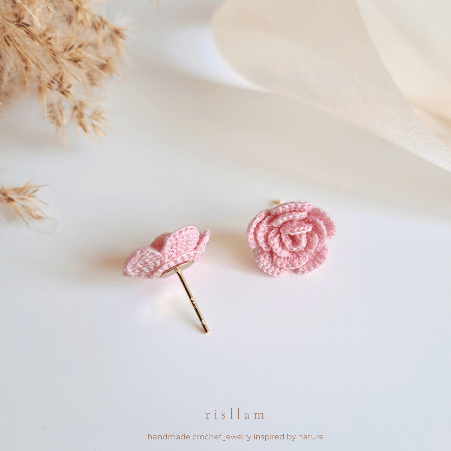 Handmade Crochet Rose Stud Earings -Red, Pink and Purple