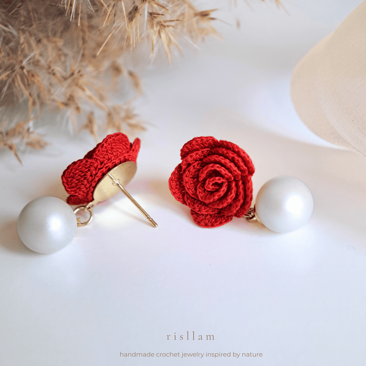 Red Crochet Rose Pearl Earrings, Handmade Floral Studs