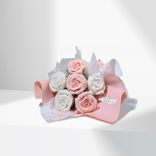 Crochet Stemware Rose 04 Bouquet - Pink & White