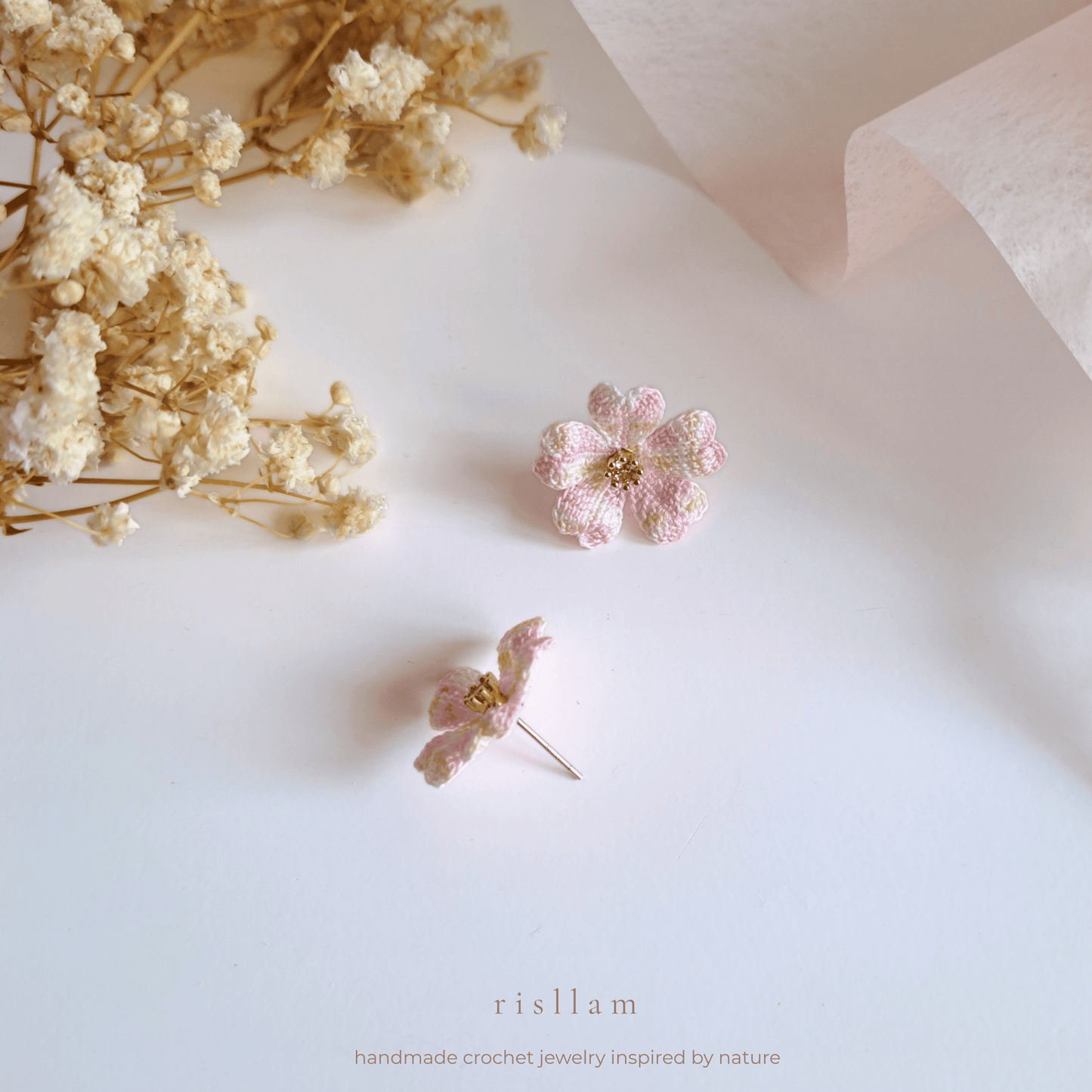Handmade Crochet Cherry Blossom Stud Earrings