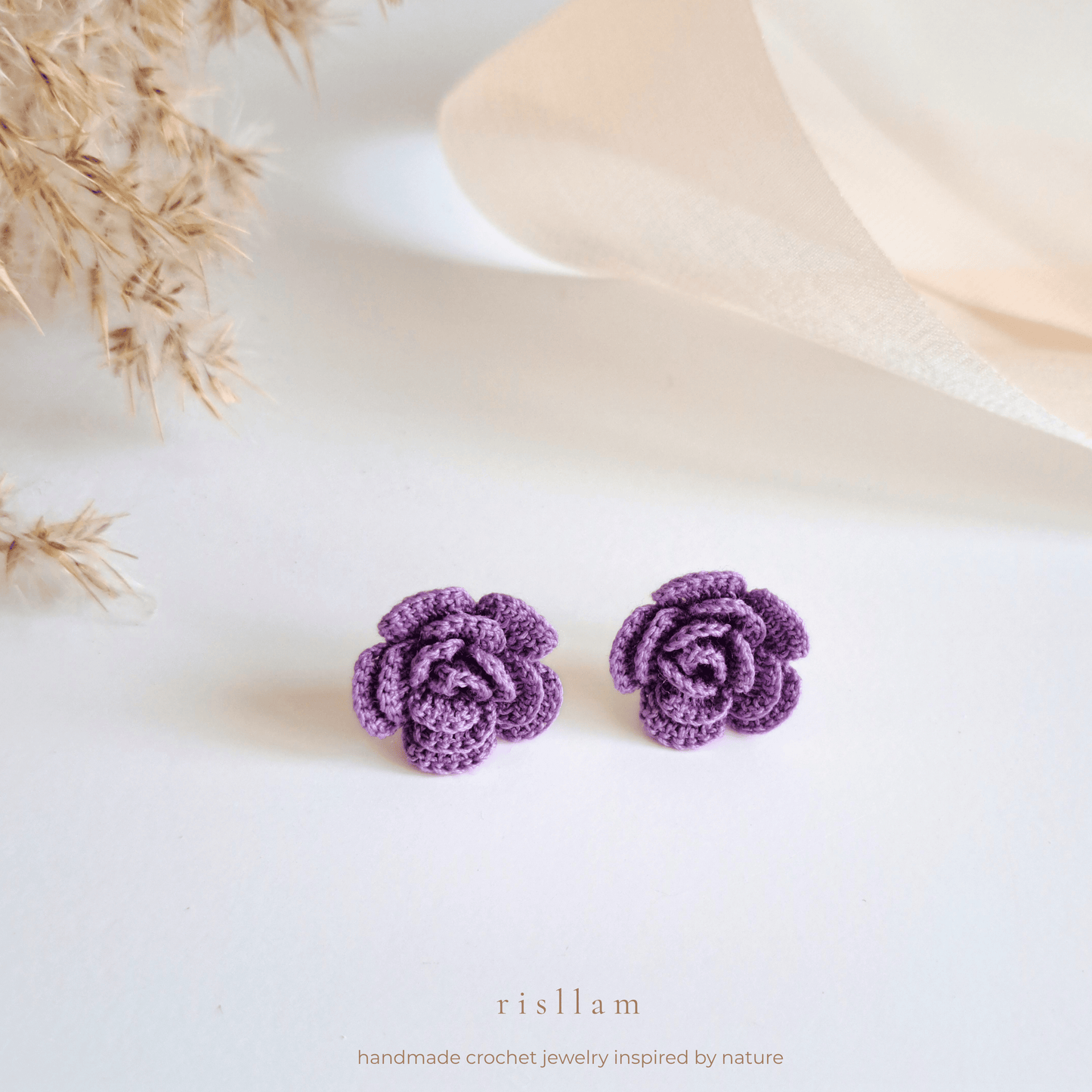 Handmade Crochet Rose Stud Earings -Red, Pink and Purple