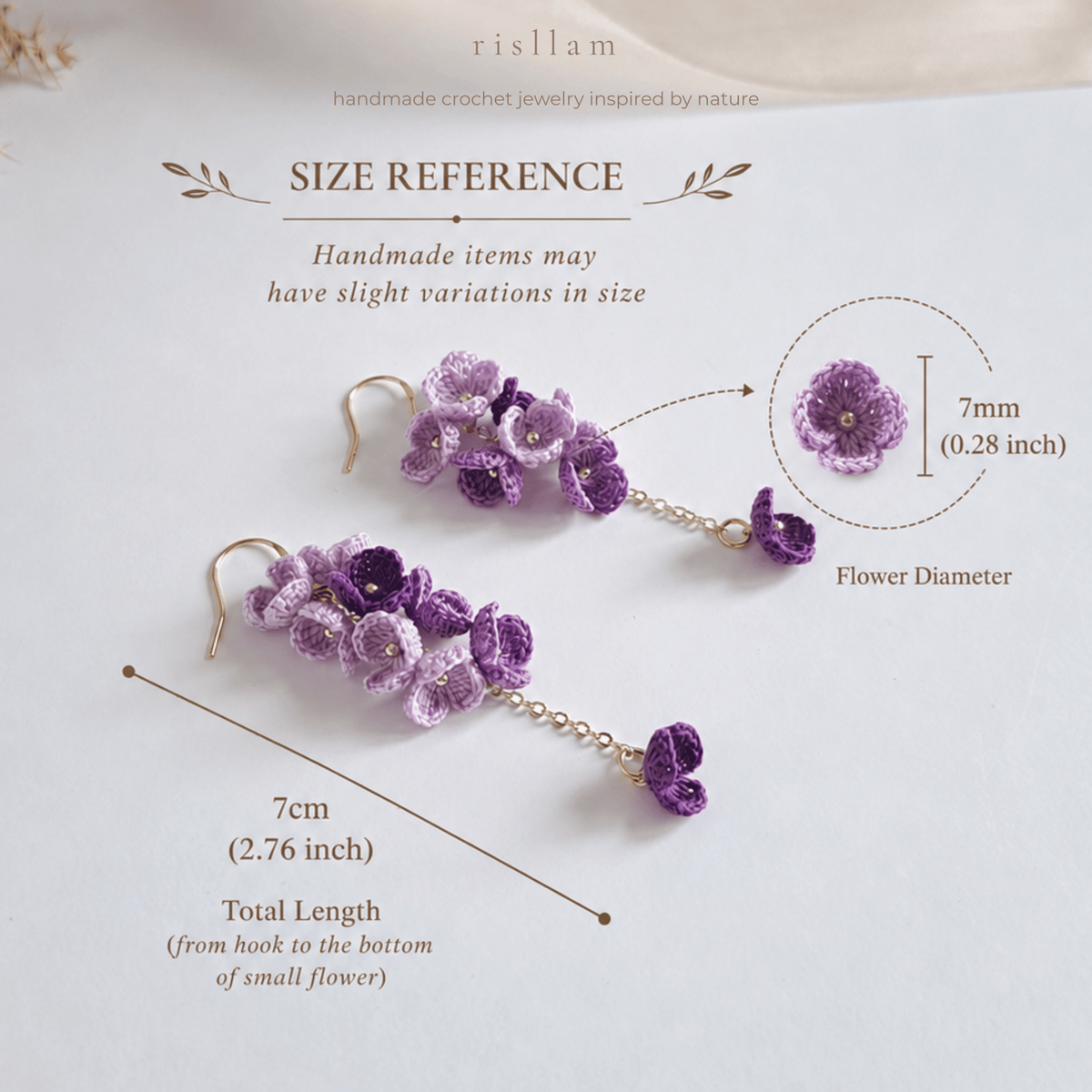 Purple Crochet Flower Dangle Earrings, Micro Crochet Blossom Earrings