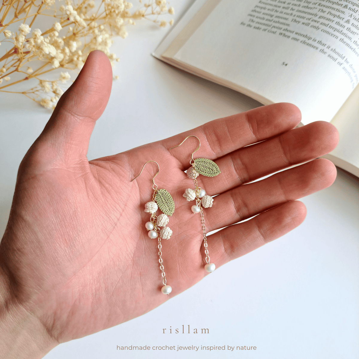 Lily of the Valley Crochet Dangle Earrings, Pearl Accents, Sterling Silver Hooks