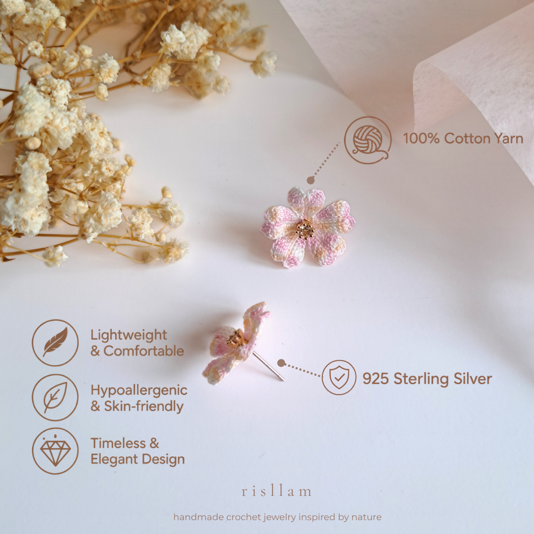 Handmade Crochet Cherry Blossom Stud Earrings
