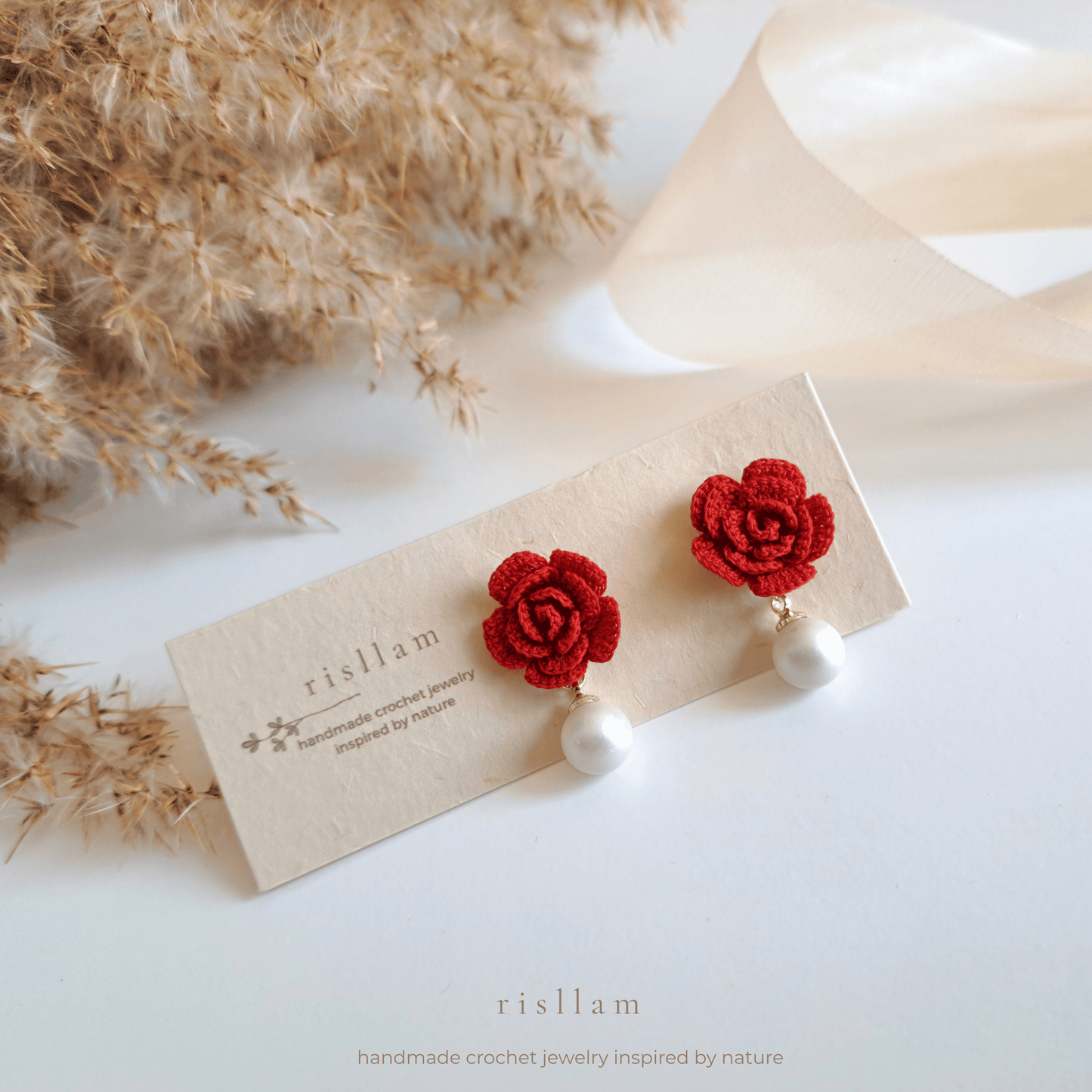 Handmade Crochet Rose & Pearl Earrings