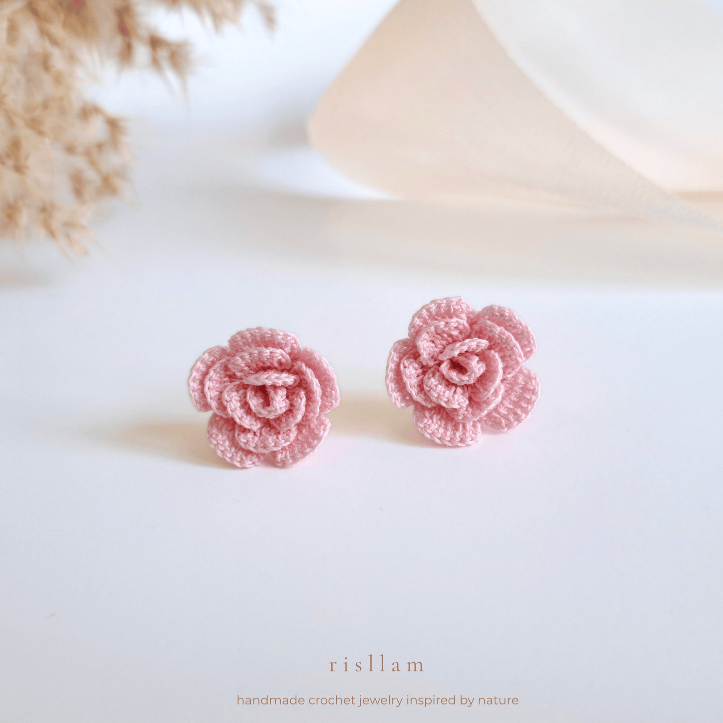 Handmade Crochet Rose Stud Earings -Red, Pink and Purple
