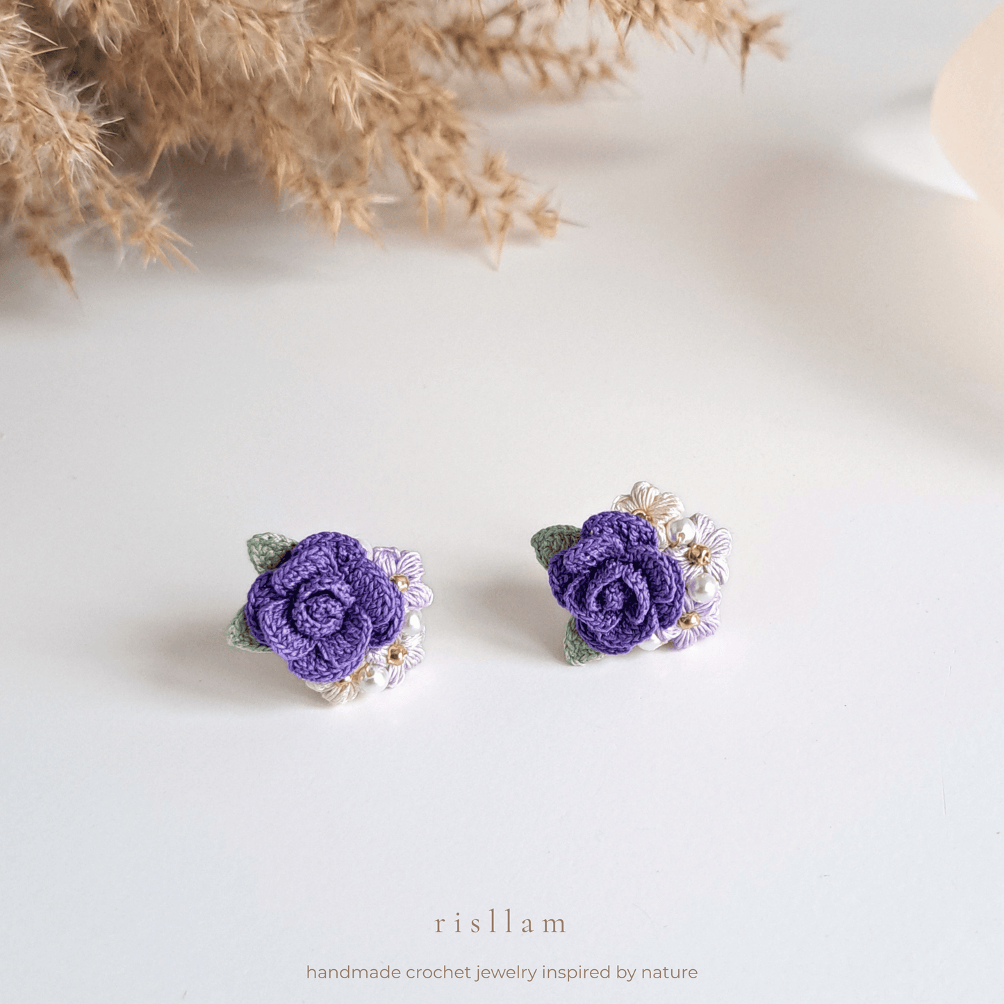 Handmade Crochet Rose & Puff Stud Earings