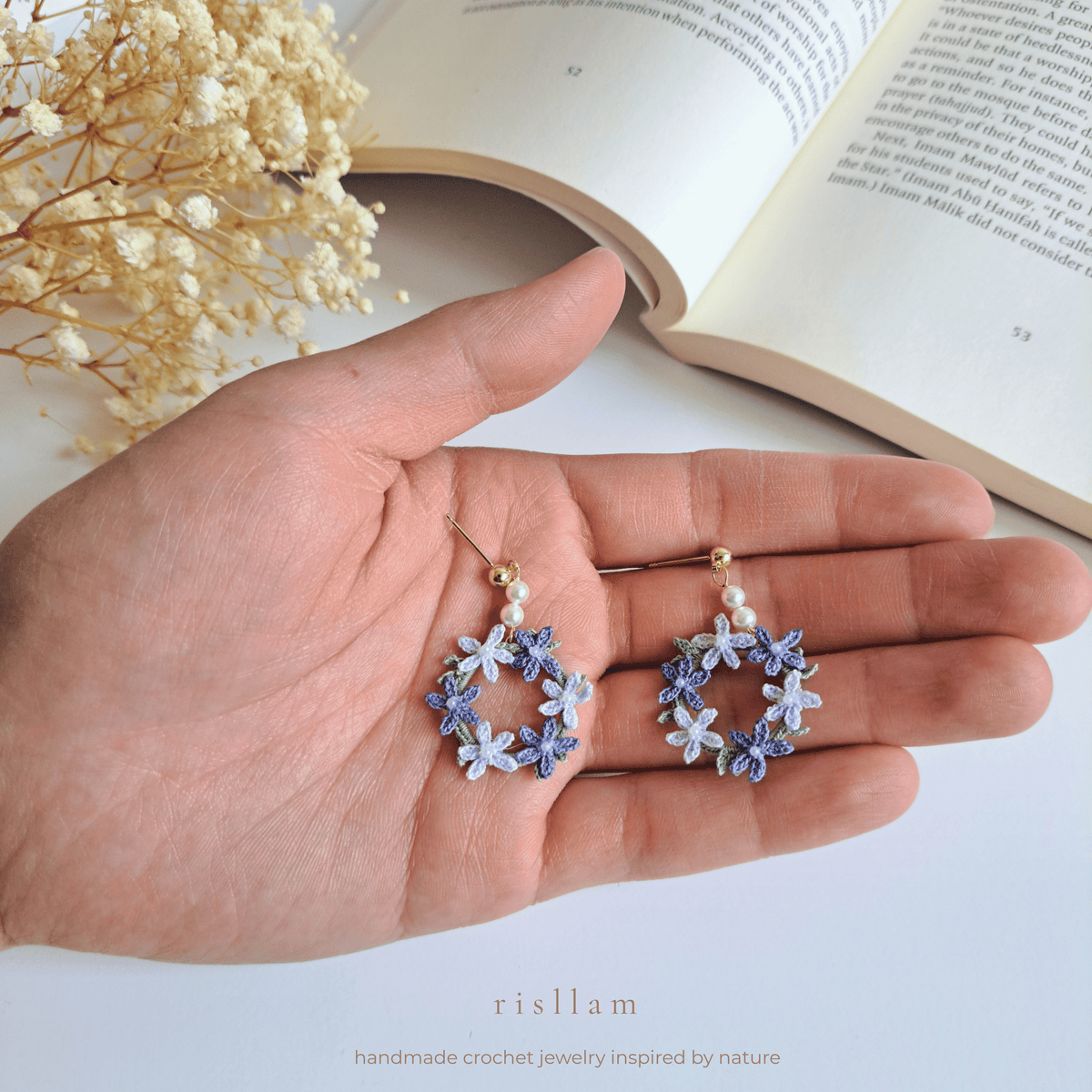 Micro Crochet Flower Wreath Earrings, Hand Dyed Purple Floral Hoop Earrings, 14k Gold Plated 925 Silver, Miniature Lace Jewelry Gift for Her
